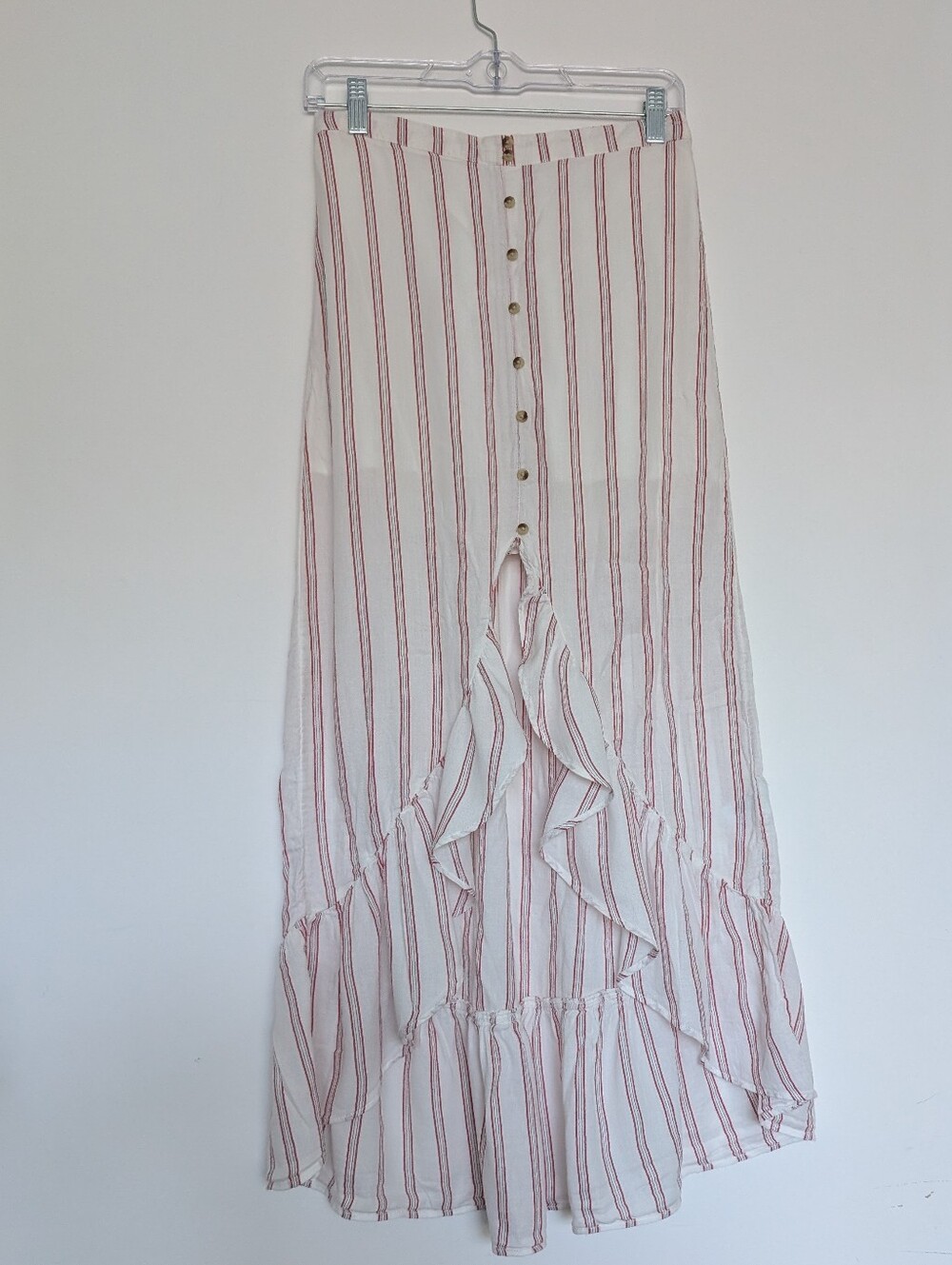 Striped Button-Front Ruffle Maxi Skirt - White with Red Stripes